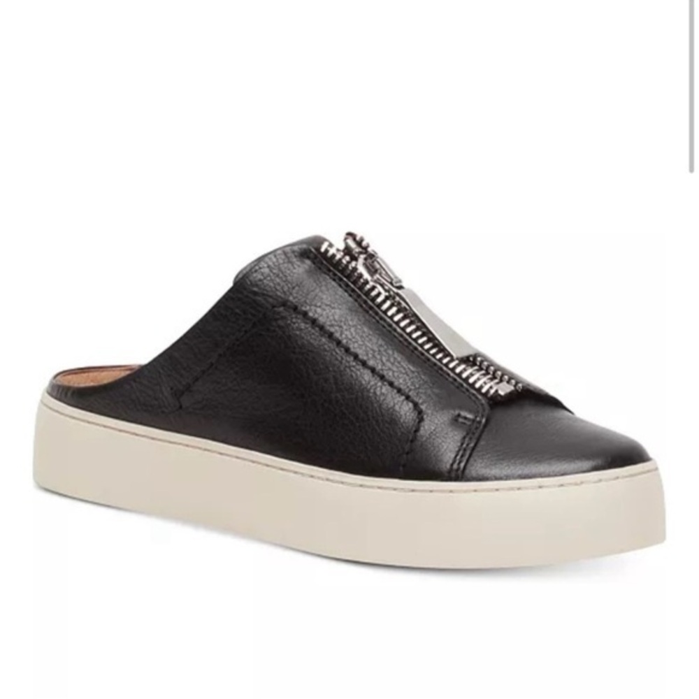 Frye Women's Lena Zip Mule sneakers in black leather. Size 10